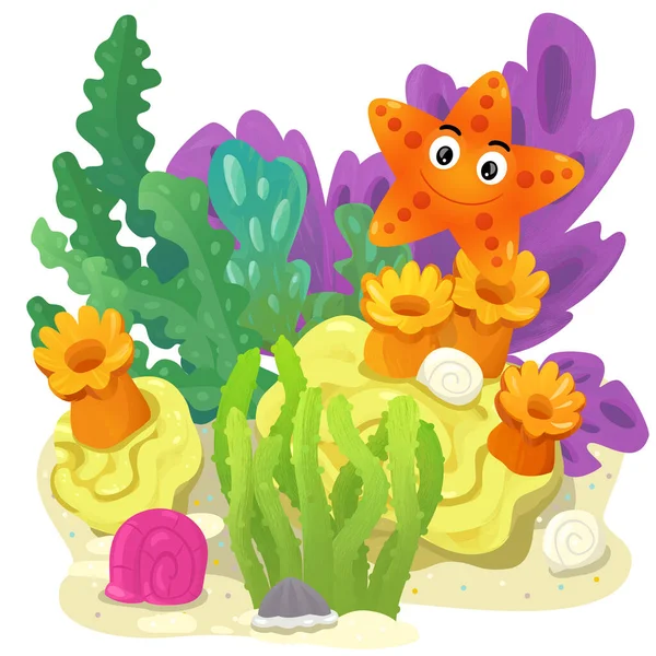 cartoon scene with coral reef with swimming star fish isolated element illustration for kids