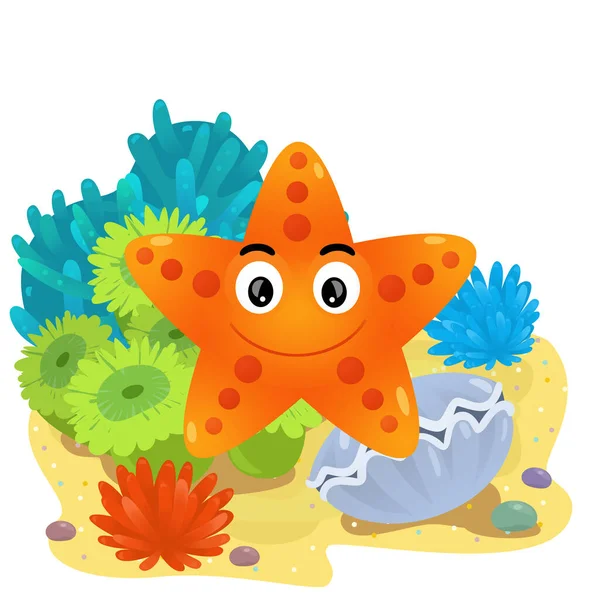 Yüzen Yıldız Balıklı Mercan Resifli Karikatür Sahnesi Çocuklar Için Izole — Stok fotoğraf