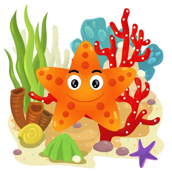 Scena Kreskówki Rafy Koralowej Pływanie Gwiazdy Ryby Pojedynczy Element Ilustracja — Zdjęcie stockowe