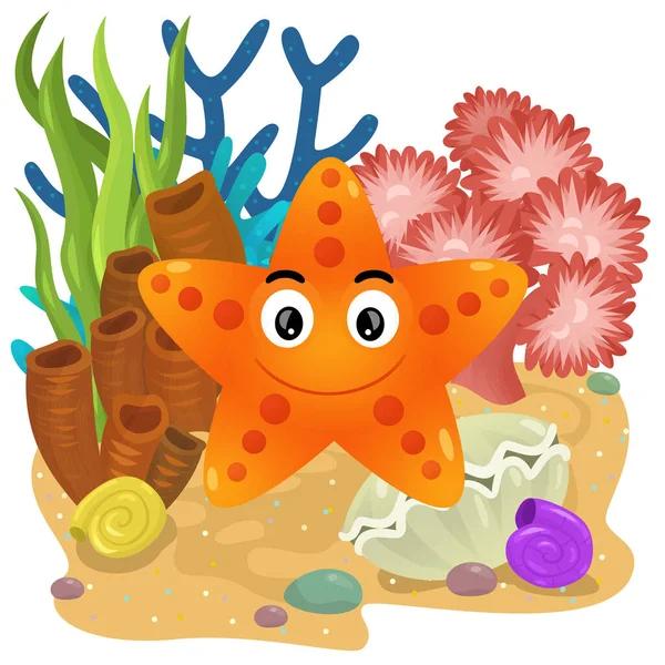 Cartoon Szene Mit Korallenriff Mit Schwimmenden Sternenfischen Isolierte Elementillustration Für — Stockfoto