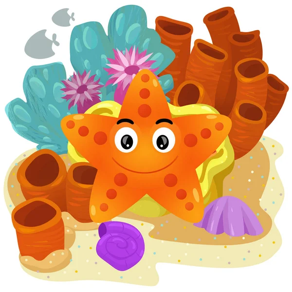 cartoon scene with coral reef with swimming star fish isolated element illustration for kids