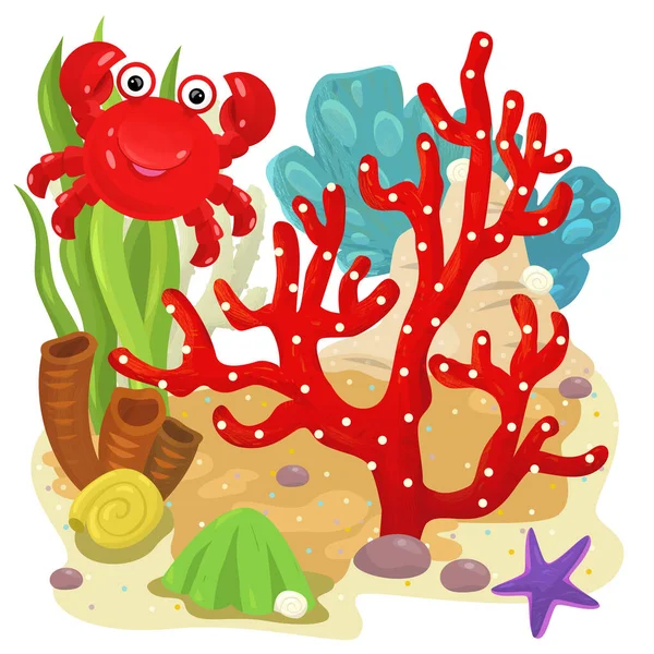 Cartoon Szene Mit Korallenriff Mit Schwimmenden Krabbenfischen Isolierte Elementillustration Für — Stockfoto