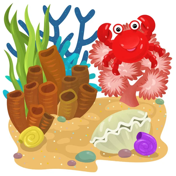 cartoon scene with coral reef with swimming crab fish isolated element illustration for kids