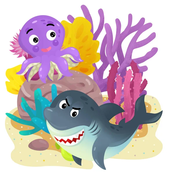Tecknad Scen Med Korallrev Med Simmande Fisk Isolerad Element Illustration — Stockfoto