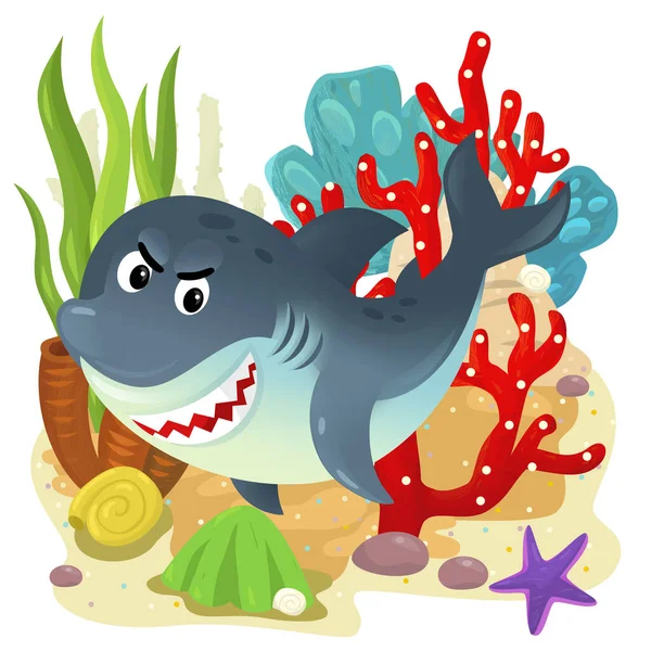 Tecknad Scen Med Korallrev Med Simmande Fisk Isolerad Element Illustration — Stockfoto