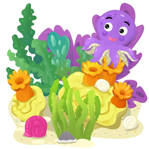 cartoon scene with coral reef with swimming fish isolated element illustration for kids