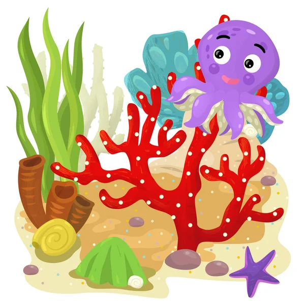 Escena Dibujos Animados Con Arrecife Coral Con Peces Nadadores Elemento —  Fotos de Stock