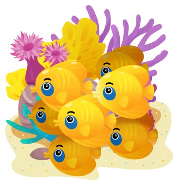 Yüzen neşeli balıklı mercan resifli karikatür sahnesi çocuklar için izole edilmiş element çizimi