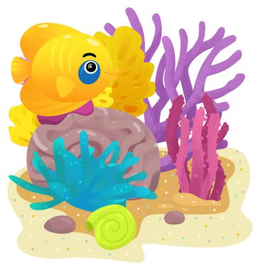 Yüzen neşeli balıklı mercan resifli karikatür sahnesi çocuklar için izole edilmiş element çizimi