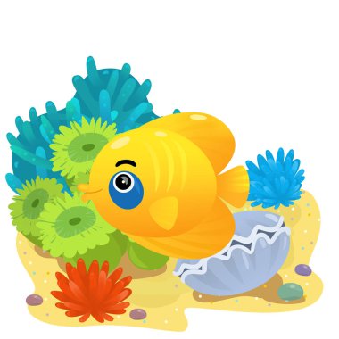 Yüzen neşeli balıklı mercan resifli karikatür sahnesi çocuklar için izole edilmiş element çizimi