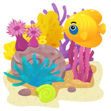 Yüzen neşeli balıklı mercan resifli karikatür sahnesi çocuklar için izole edilmiş element çizimi