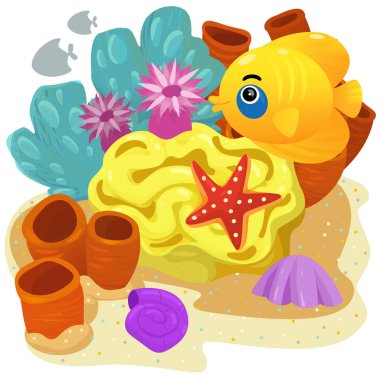 Yüzen neşeli balıklı mercan resifli karikatür sahnesi çocuklar için izole edilmiş element çizimi