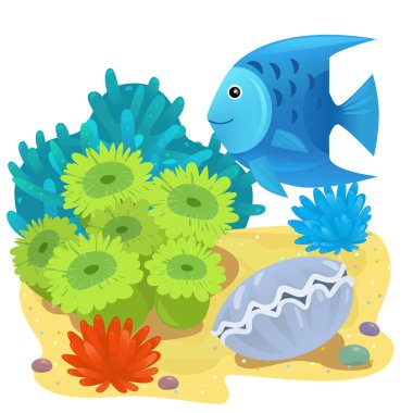 Yüzen neşeli balıklı mercan resifli karikatür sahnesi çocuklar için izole edilmiş element çizimi