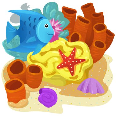 Yüzen neşeli balıklı mercan resifli karikatür sahnesi çocuklar için izole edilmiş element çizimi