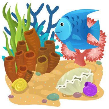 Yüzen neşeli balıklı mercan resifli karikatür sahnesi çocuklar için izole edilmiş element çizimi