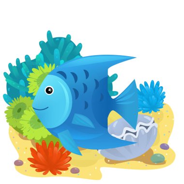 Yüzen neşeli balıklı mercan resifli karikatür sahnesi çocuklar için izole edilmiş element çizimi