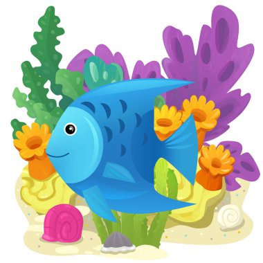 Yüzen neşeli balıklı mercan resifli karikatür sahnesi çocuklar için izole edilmiş element çizimi