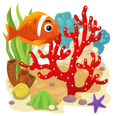 Yüzen neşeli balıklı mercan resifli karikatür sahnesi çocuklar için izole edilmiş element çizimi