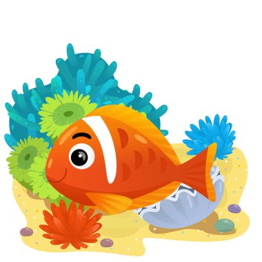 Yüzen neşeli balıklı mercan resifli karikatür sahnesi çocuklar için izole edilmiş element çizimi