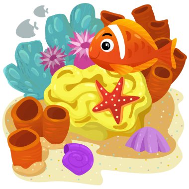 Yüzen neşeli balıklı mercan resifli karikatür sahnesi çocuklar için izole edilmiş element çizimi