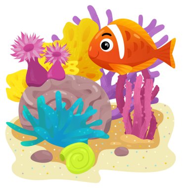 Yüzen neşeli balıklı mercan resifli karikatür sahnesi çocuklar için izole edilmiş element çizimi
