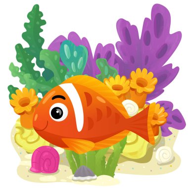 Yüzen neşeli balıklı mercan resifli karikatür sahnesi çocuklar için izole edilmiş element çizimi