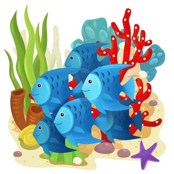 Kreslená Scéna Korálovým Útesem Plaváním Veselá Ryba Izolovaný Prvek Ilustrace — Stock fotografie