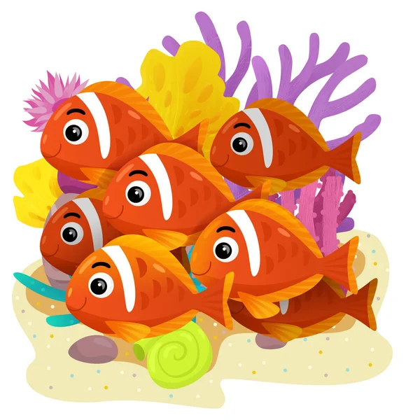 Yüzen Neşeli Balıklı Mercan Resifli Karikatür Sahnesi Çocuklar Için Izole — Stok fotoğraf