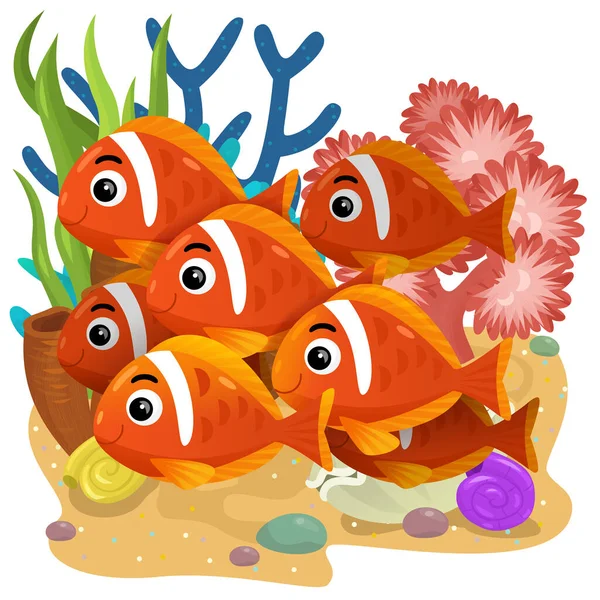 Мультфильм Сцена Коралловым Рифом Плаванием Веселых Рыб Изолированный Элемент Иллюстрации — стоковое фото