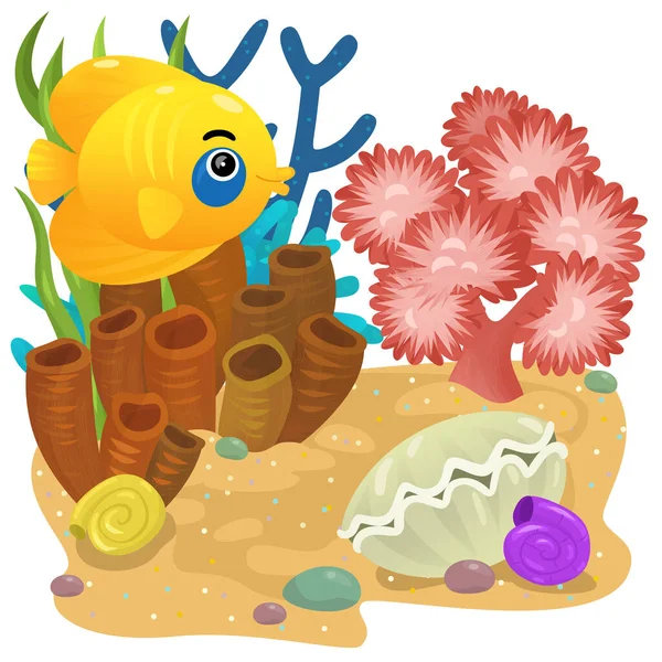 Cena Dos Desenhos Animados Com Recife Coral Com Peixes Alegres — Fotografia de Stock