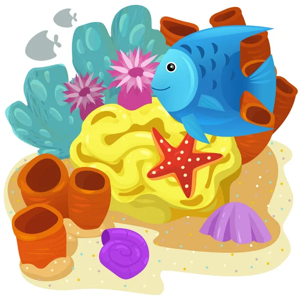 Cartoon Scene Coral Reef Swimming Cheerful Fish Isolated Element Illustration — Stock Photo, Image