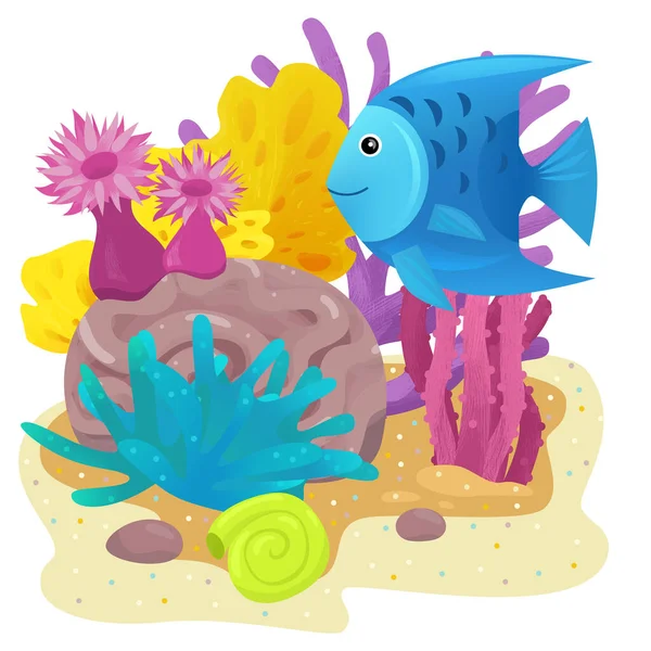 子供のための水泳陽気な魚の孤立要素のイラストとサンゴ礁と漫画のシーン — ストック写真