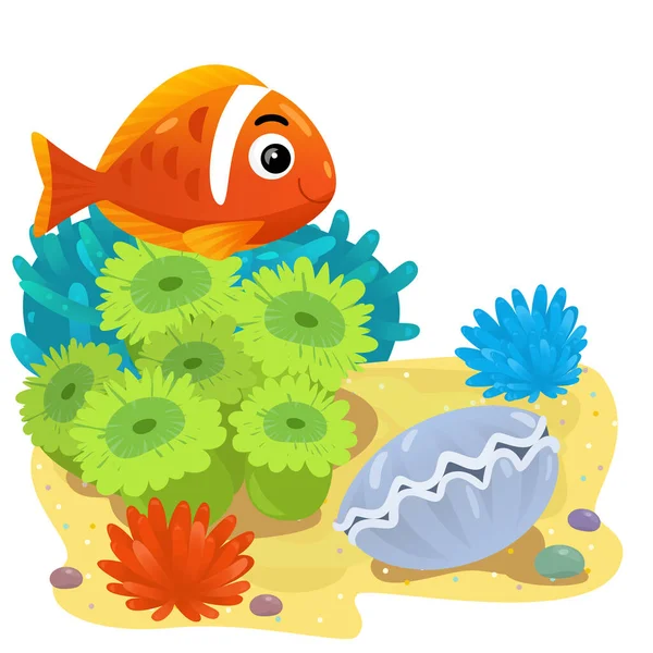 Tecknad Scen Med Korallrev Med Simning Glad Fisk Isolerad Element — Stockfoto
