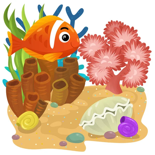 Cena Dos Desenhos Animados Com Recife Coral Com Peixes Alegres — Fotografia de Stock
