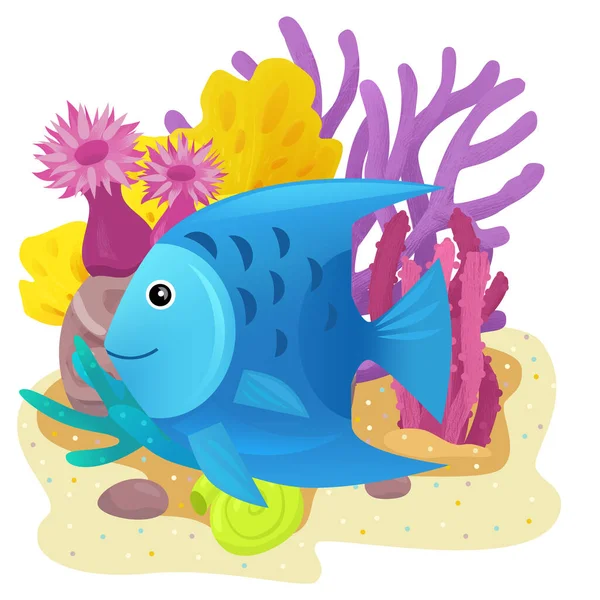 Yüzen Neşeli Balıklı Mercan Resifli Karikatür Sahnesi Çocuklar Için Izole — Stok fotoğraf