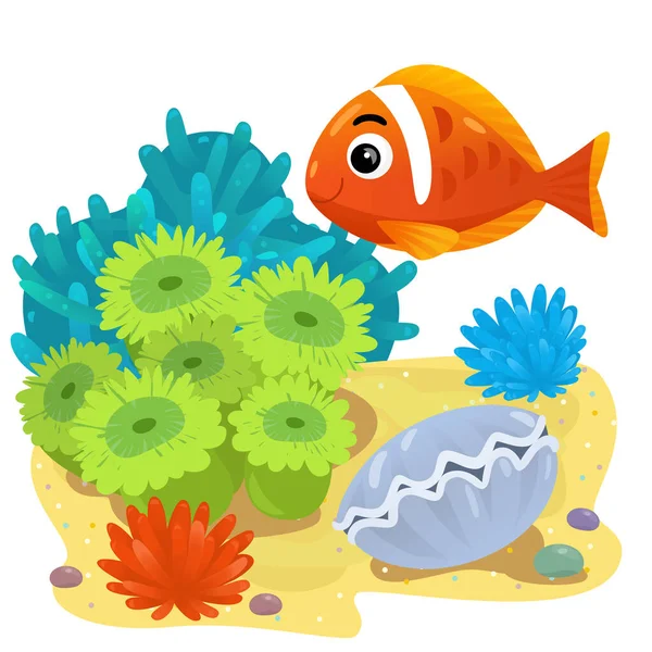 Cartoon Szene Mit Korallenriff Mit Schwimmenden Fröhlichen Fischen Isolierte Element — Stockfoto