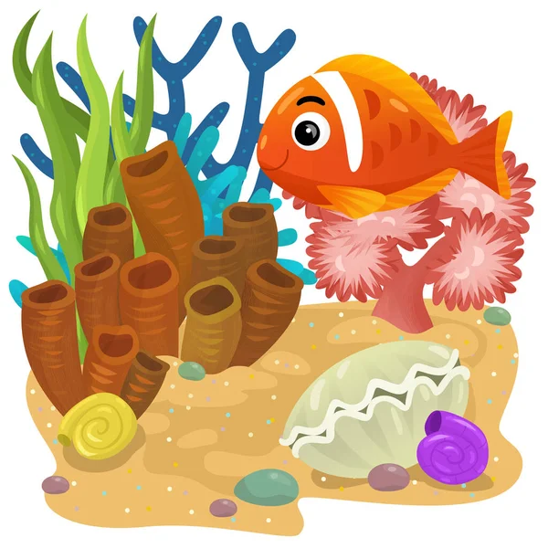 有珊瑚礁的卡通片 带着游泳的快乐的鱼 为孩子们提供独立的元素图解 — 图库照片
