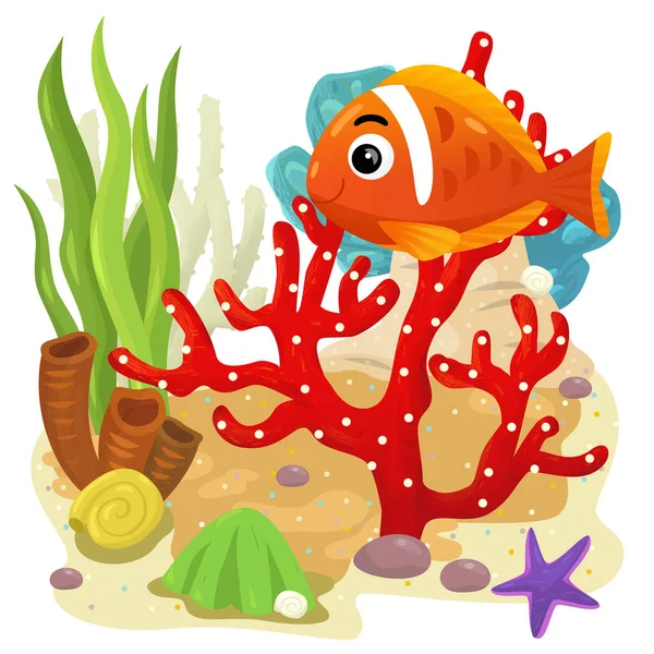 有珊瑚礁的卡通片 带着游泳的快乐的鱼 为孩子们提供独立的元素图解 — 图库照片