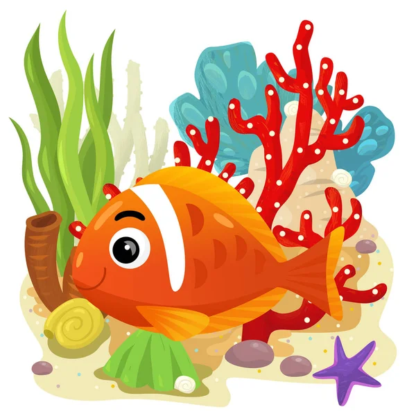 Cartoon Szene Mit Korallenriff Mit Schwimmenden Fröhlichen Fischen Isolierte Element — Stockfoto