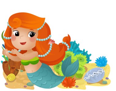 Yüzen mutlu bir denizkızı olan mercan resifli karikatür sahnesi çocuklar için izole edilmiş element çizimi