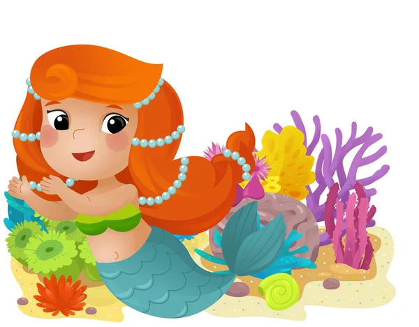 Escena Dibujos Animados Con Arrecife Coral Con Natación Sirena Feliz — Foto de Stock