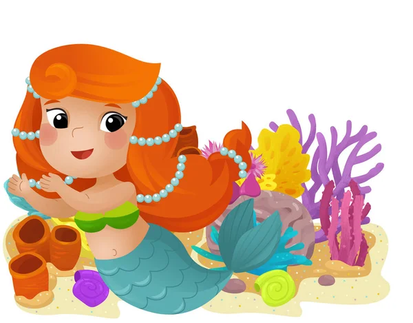 卡通片中的珊瑚礁与游泳的快乐美人鱼女孩的隔离元素图片说明 — 图库照片
