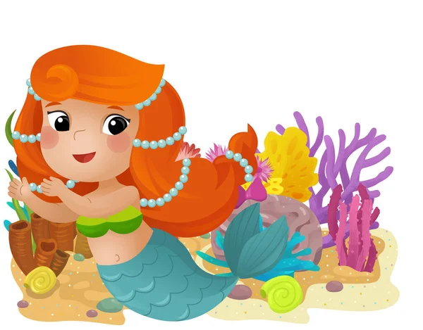 Yüzen Mutlu Bir Denizkızı Olan Mercan Resifli Karikatür Sahnesi Çocuklar — Stok fotoğraf