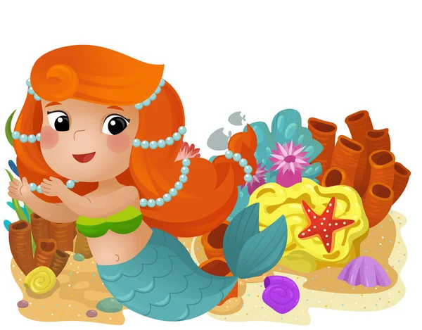 Rajzfilm Jelenet Korallzátony Úszás Boldog Hableány Lány Elszigetelt Elem Illusztráció — Stock Fotó