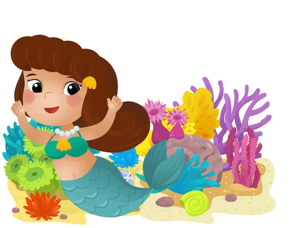 Cartoon Szene Mit Korallenriff Mit Schwimmen Glücklich Meerjungfrau Mädchen Isoliert — Stockfoto