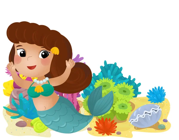 stock image cartoon scene with coral reef with swimming happy mermaid girl isolated element illustration for children