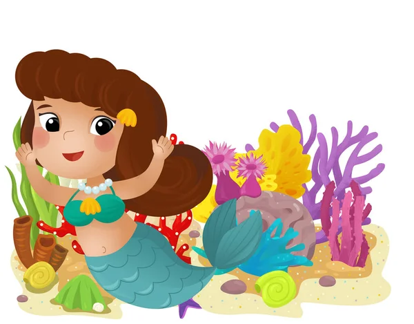 Rajzfilm Jelenet Korallzátony Úszás Boldog Hableány Lány Elszigetelt Elem Illusztráció — Stock Fotó