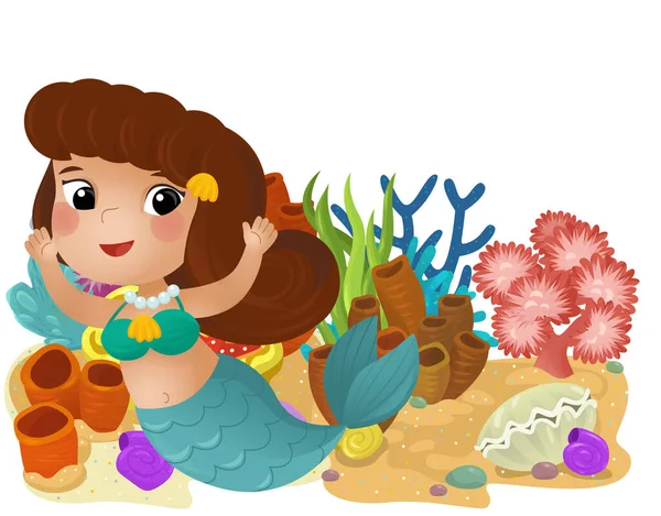 Escena Dibujos Animados Con Arrecife Coral Con Natación Sirena Feliz —  Fotos de Stock