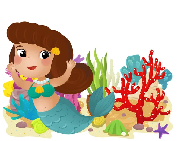 Kreskówka Scena Rafy Koralowej Pływanie Szczęśliwy Syrenka Dziewczyna Pojedynczy Element — Zdjęcie stockowe