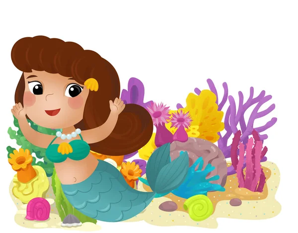 Cartoon Szene Mit Korallenriff Mit Schwimmen Glücklich Meerjungfrau Mädchen Isoliert — Stockfoto